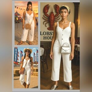Retro XL Boho Wide Leg Boilersuit White Cotton Sculpting Panel Cropped New